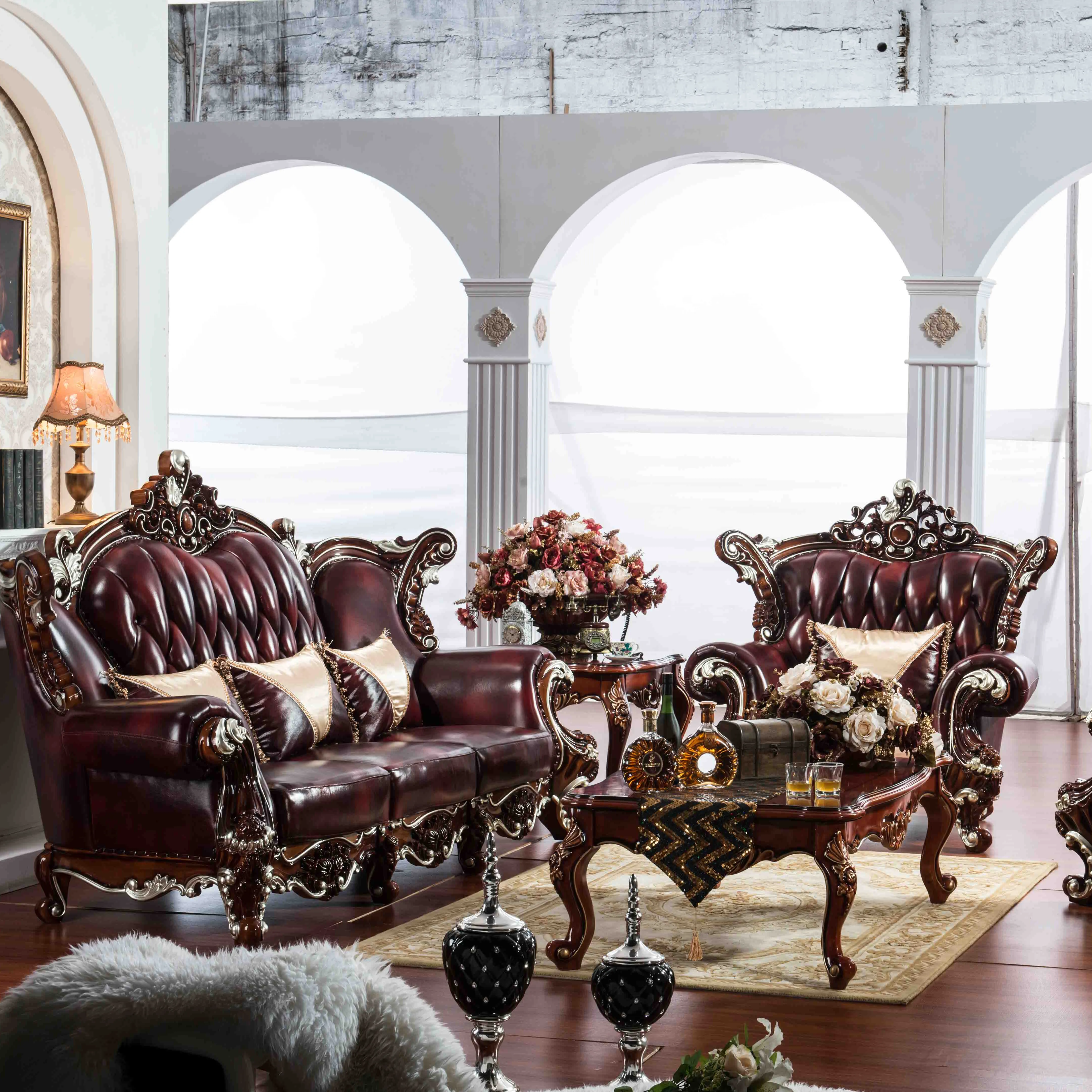 Royal Dubai Kulit Asli Sofa Rumah Ruang Tamu Furniture Arab Sofa Antik Kayu Set Gaya Eropa Sectional Sofa 1Set 25-30 Hari