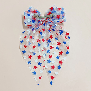 Barrette à cheveux en mousseline à motif étoile patriotique USA avec longue queue flottante pour la décoration de costumes de la fête de l'Indépendance - Product Image 2