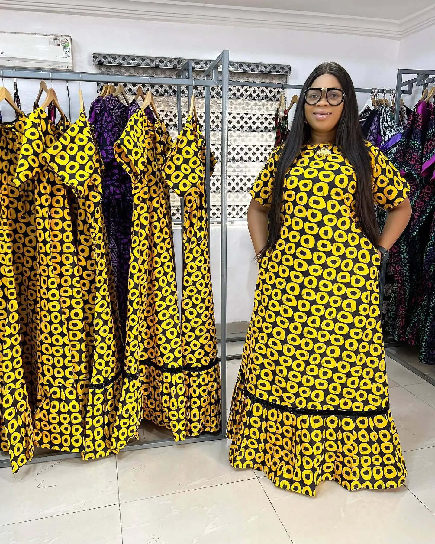 Women African Clothes Africa Dress Pockets Yellow Circle Print Plus Size Holiday Dresses