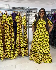 เสื้อผ้าผู้หญิงแอฟริกันแอฟริกาชุดกระเป๋าวงกลมสีเหลืองพิมพ์ขนาดบวกชุดวันหยุด