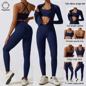 Logotipo personalizado Ropa Deportiva Mujer Ginásio Fitness Yoga Jackets Set Manteiga Soft Naked Feeling Tecido 4 Peça Yoga Conjuntos