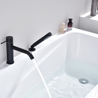 Robinet de baignoire cylindrique noir mat à poignée unique, montage sur pont à 2 trous, corps rond, bec de baignoire avec douchette à main