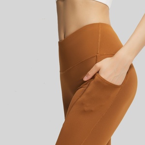 High Waist Full Length Seamless Quick Dry Spandex/Polyester <b>Yoga</b> Leggings Women Solid Color Stretchy Zipper Fly Logo Waistband - Product Image 4