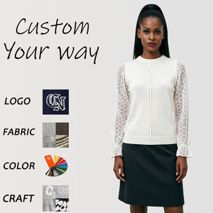 Maglione da Donna in <span class=keywords><strong>Maglia</strong></span> Patchwork con Ricamo Personalizzato, Maniche a Palloncino con Occhielli, Colore <span class=keywords><strong>Bianco</strong></span> Crema, Morbido <span class=keywords><strong>Pizzo</strong></span> e Maniche a Lanterna - Product Image 1