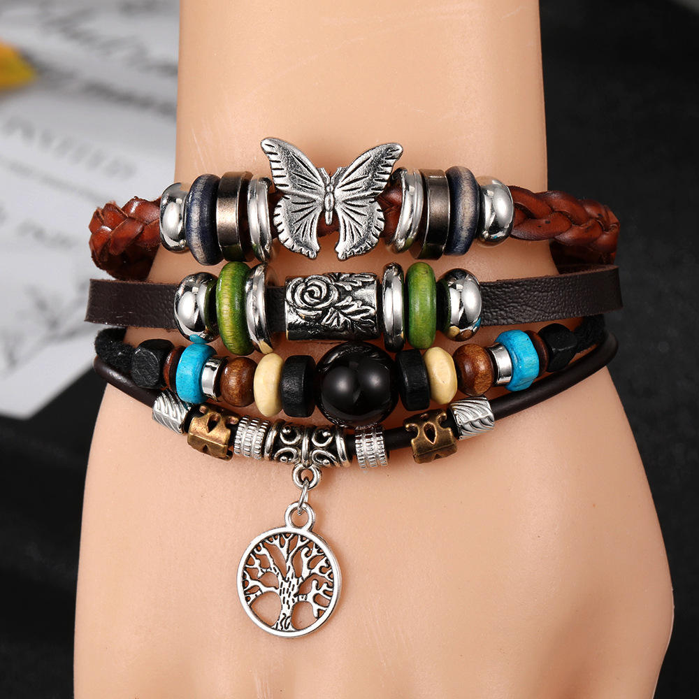Butterfly Tree of Life Leaf Wing Evil Eye Lucky Charm Colorful Leather  Bracelet Boys Girls Cool Leather Bracelets Student Gifts