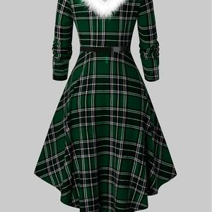 Robe de Noël à carreaux pour femme, col en V, manches longues, avec col en fourrure, longueur midi, pour les fêtes d'hiver et les loisirs - Product Image 3