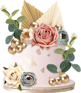 Éventail en feuille de palmier thème bohème, fleur artificielle rose, inserts pour gâteau d'<span class=keywords><strong>anniversaire</strong></span>, accessoires de décoration DIY - Product Image 6
