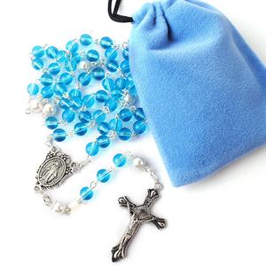 Cuentas de cristal rosa y azul claro de 6mm con cuentas de perla Glory Collar De Rosario Católico con bolsa de regalo de terciopelo - Product Image 1