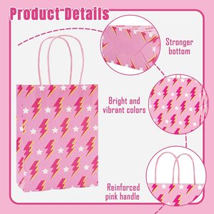 Pink Paper <b>Gift</b> <b>Bags</b> with Twisted Handles Smiley Face Lightning Bolt Star Print Reusable <b>Party</b> Favor Goodie <b>Bags</b> - Product Image 3