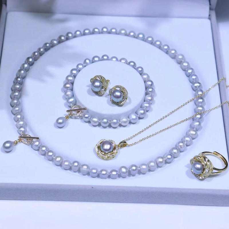 ชุดไข่มุกสีเทา ขนาด 7-8 มม.