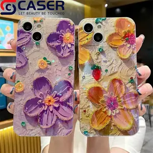 New Design Blue Light Oil Paint Flower Diamond Bling Phone Case Best Selling Laser Imd Women Phone Cell For Iphone 15 14Promax