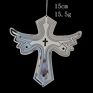 Angel's Wings Cross Five-pointed Star 3D Rotating Wind Chime Sun Catcher Stainless Steel Garden Decoration
