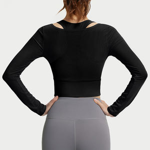 Haut de yoga à manches longues pour femme, personnalisé avec logo, séchage rapide, deux pièces, léger, respirant, doux, incurvé, pour la course à pied, la salle de sport - Product Image 5