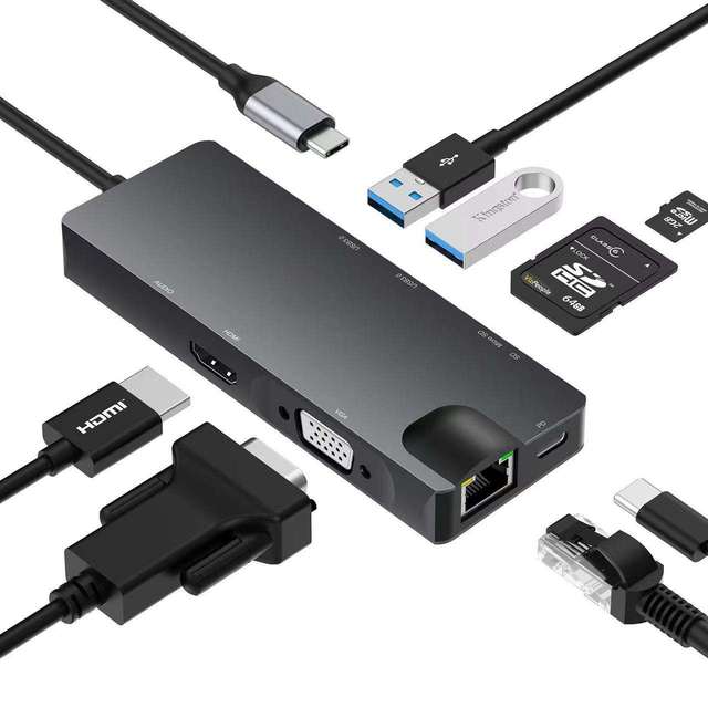 Hot Sale PD 100W USB 3.0 5Gbps Multiport Adapter 8 In1 Type C Hub With 4K30Hz SD TF Card Reader RJ45 VGA