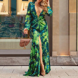 Autunno nuova manica lunga abito sottile a spacco alto signora notte Sexy profondo scollo a V abito di alta qualità per le donne - Product Image 1