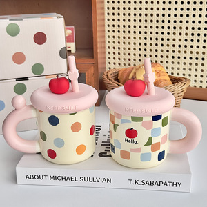 Creative pink Milk Coffee Cup Cute apple Mug Ceramic Water Mug with Straw - Product Image 2