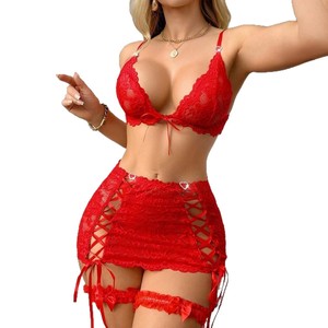 Sexy kant 4-delige lingerie set met bh, minirok, string & beenbandjes voor dames - Product Image 5