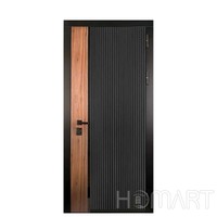 Porte d'entrée double moderne avec panneaux en bois, cadre en aluminium noir et vitres latérales pour maisons de luxe