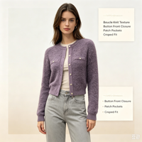 Gaby – Cardigan tricoté à manches longues pour femme, de haute qualité, en maille pointelle, violet, personnalisable OEM, avec boutons en corne, couleur marron