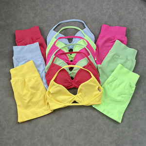 Conjunto de Yoga sin Costuras de Venta Caliente, Ligero, de Compresión, de Color Sólido, de Secado Rápido, con Sujetador Deportivo y Pantalones Cortos Elásticos para Fitness - Product Image 6