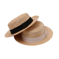 Chapeau de paille à bord plat style britannique en paille de blé avec ruban pour femme, idéal printemps-été, voyage, vacances, protection solaire