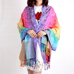 Colorful Rainbow <strong>Paisley</strong> Jacquard <strong>Pashmina</strong> Silk Feeling Women Wrap Shawl Tassels <strong>Scarves</strong> for Women for Autumn Season - Product Image 2