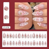 Z1378 Faux Ongles à Presser Rose Œil de Chat Motif Fleur Française Fraise Style INS Doux et Tendance pour Filles en ABS Premium Vente en Gros Stock Prêt