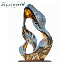 Grande sculpture abstraite en acier inoxydable poli miroir, soudée, creuse, artisanat métallique, éclairage LED personnalisé, pour extérieur, parc, place publique