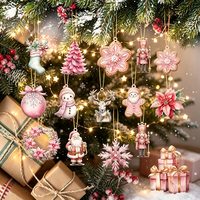 12 Pièces de Décoration Murale en Bois Rose, Père Noël, Bonhomme de Neige, Renne, Casse-Noisette, Flocon de Neige, Chaussette, Boîte Cadeau, Guirlande, Boule de Noël, Décoration d'Arbre