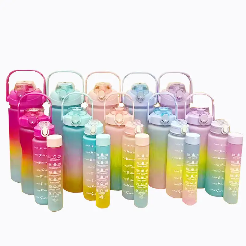 Hot Sale 2000 Ml 4 Pcs Water Cup Set Frost Gradient Color Design Plastic Water Bottles With Time Marker