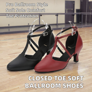 Chaussures de danse latine et de salon Baifa Dancin pour femmes, à bout fermé, noires et rouges, avec bride de cheville, talon bas, faible MOQ, OEM, ODM, DDP - Product Image 2