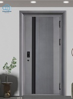 Pintu Keamanan Masuk Tunggal Model Rib Vertikal Padat dengan Engsel Berat Terlihat, Pintu Depan Berlapis Baja untuk Apartemen dan Rumah Rakitan Sendiri
