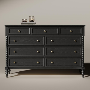 Commode moderne européenne en bois de chêne blanc FAS de haute qualité avec pieds en forme de boule noirs, neuf tiroirs, finition noir brun - Product Image 1