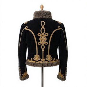 Men's Gothic Double Breasted <b>Woolen</b> Jacket With Fur Collar And Gold Embroidered Skeleton Design Winter Hussar Jacket - Product Image 3