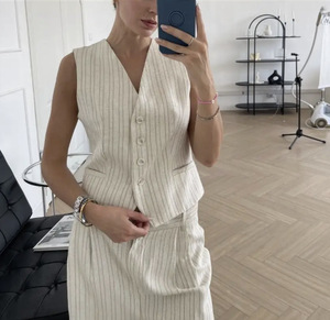 Gilet Enyami <span class=keywords><strong>pantaloni</strong></span> Casual in due pezzi da <span class=keywords><strong>donna</strong></span> a righe <span class=keywords><strong>Beige</strong></span> alla moda senza maniche gilet a vita bassa Set di <span class=keywords><strong>pantaloni</strong></span> - Product Image 6