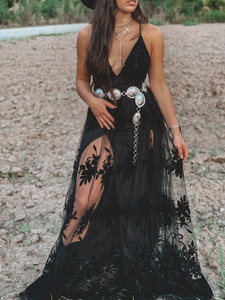 <span class=keywords><strong>Abito</strong></span> <span class=keywords><strong>lungo</strong></span> estivo casual vintage senza maniche con scollo a V profondo, spalline sottili, <span class=keywords><strong>spacco</strong></span>, pizzo trasparente e traspirante, tinta unita. - Product Image 3