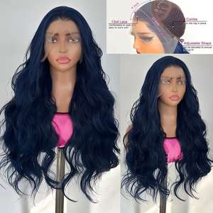 Perruque noire avec cheveux longs ondulés en fibre résistante à la chaleur, sans colle, taille 13*4, perruque synthétique en dentelle haute définition, cheveux mélangés - Product Image 2