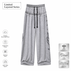Pantalon large décontracté gris en molleton épais pour homme, série limitée à couches multiples, taille élastique avec cordon de serrage, effet usé et déchiré - Product Image 1