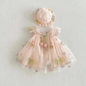 Robe en maille sans manches pour petites filles, avec broderie florale, avec chapeau assorti, tenue de fête quotidienne d'été - Product Image 6