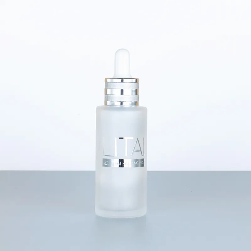 Flat Shoulder Round 50ml 60ml 80ml Frosted Cosmetic Essential Oil Glass Dropper Bottles with Sliver Caps