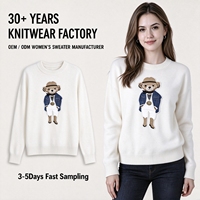 Pull décontracté pour femme à col rond avec patch ours de dessin animé, en maille douce, épaules tombantes, style preppy, manches longues, automne