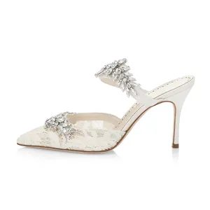 Summer luxury glitter jewel custom logo pointed toe 5-8 heels bride white wedding women sandals slippers shoes