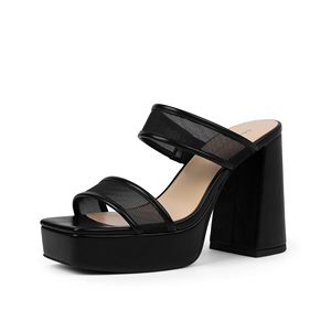 Sandalias de Plataforma Negras de Malla para Mujer, con Dos Tiras, Estilo Mule, Tacón Grueso, Punta Cuadrada, para Verano - Product Image 1