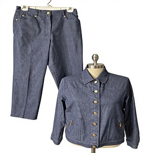 Combinaison en jean stretch taille haute mi-mollet pour femme, style vintage, couleur unie, écologique, avec dentelle, manches longues, été - Product Image 4