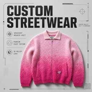 Sweat à capuche zippé en mélange de mohair avec logo personnalisé, <span class=keywords><strong>pull</strong></span> en maille surdimensionné, vestes pour hommes - Product Image 1