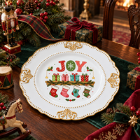 Assiette décorative en plastique de 13 pouces, imprimée UV, motif JOY, avec bordure dorée de luxe, pour la décoration de la salle à manger et du cheminée de Noël