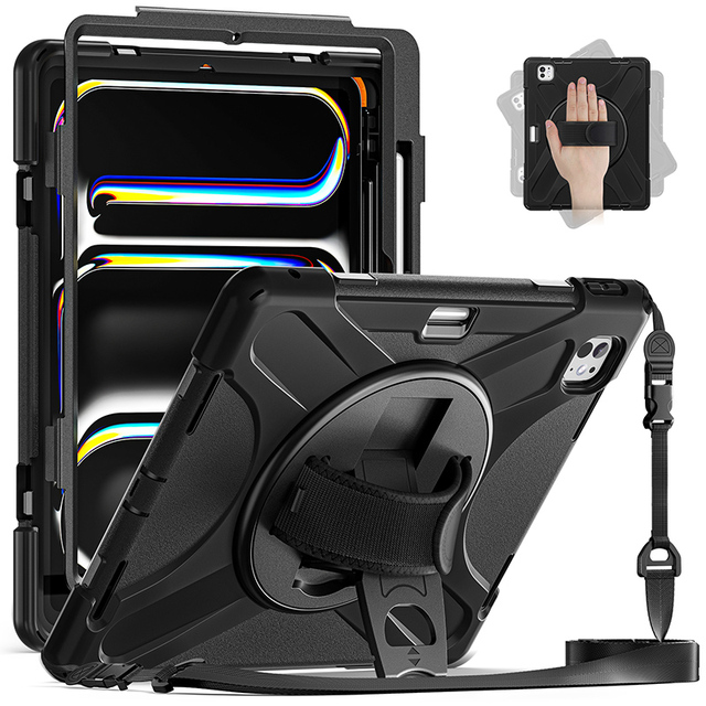 Heavy Duty Rugged Silicone Shockproof Tablet Case for iPad Pro 13 2024 12.9 Inch Cover With Shoulder Strap Rotate Kickstand