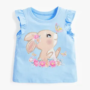 Летняя дышащая футболка для девочек из 100% хлопка с изображением милого кролика с круглым вырезом и коротким рукавом синего цвета