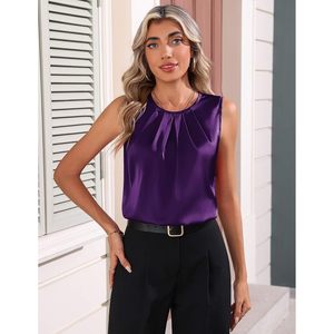 FOXA Camiseta sin mangas de satén de seda para mujer, cuello redondo, plisada, sin mangas, blusa informal de verano para el trabajo - Product Image 5