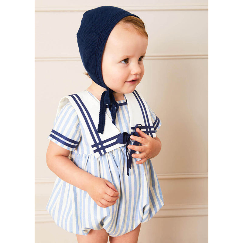 Trendy Zeeman Kraag Bubble Romper Eendelige Baby Overall Pasgeboren Korte  Mouw Wit Blauwe Streep Bodysuit Met Marineblauwe Strik